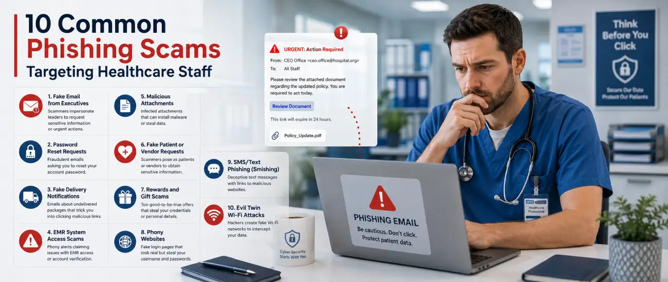 Healthcare worker identifying a phishing email in a hospital office, highlighting common phishing scams targeting healthcare staff, cyber security awareness, patient data protection, and healthcare information security.