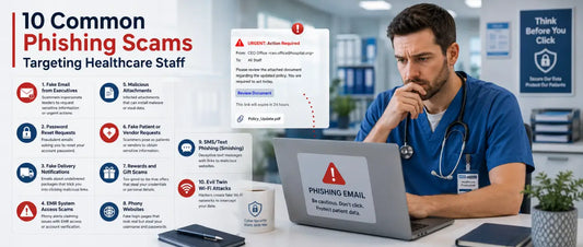 Healthcare worker identifying a phishing email in a hospital office, highlighting common phishing scams targeting healthcare staff, cyber security awareness, patient data protection, and healthcare information security.