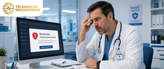 A doctor looking worried at a computer screen with a security warning popup — alt text Doctor reacting to a data breach warning on a hospital computer
