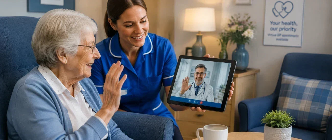 Care home resident having a virtual GP consultation with support from staff"