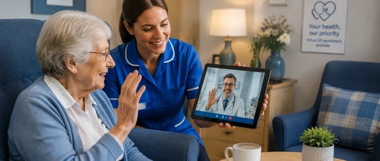 Care home resident having a virtual GP consultation with support from staff"