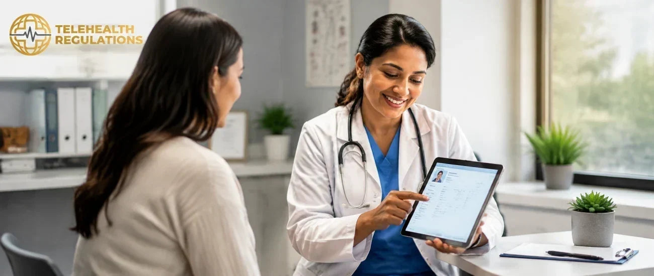 Doctor reviewing electronic health record on a tablet during patient visit