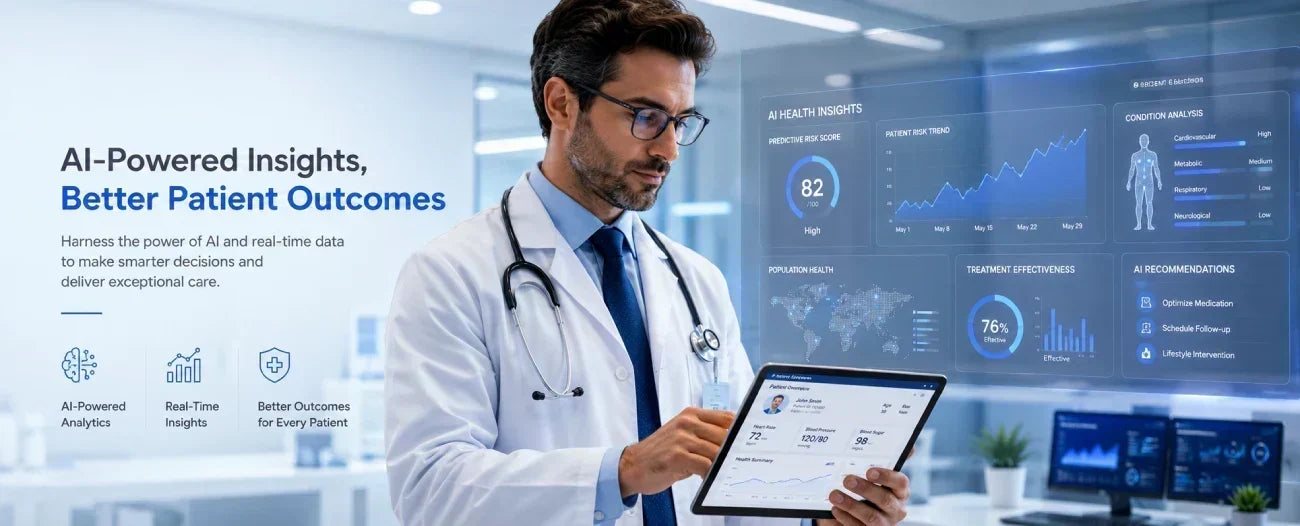 Doctor using a digital health dashboard with AI-powered patient data