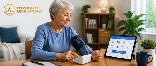  Elderly woman using a remote patient monitoring device at home to track blood pressure