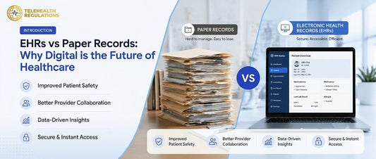 Healthcare professional comparing electronic health records vs paper records in a modern clinic