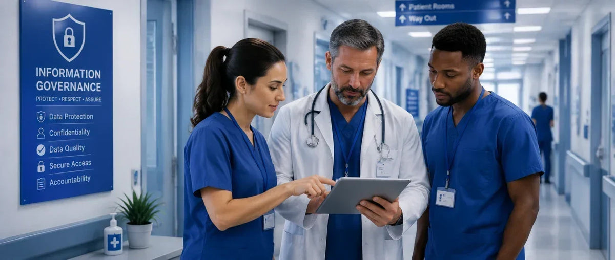 Healthcare staff reviewing patient data as part of an information governance program"
