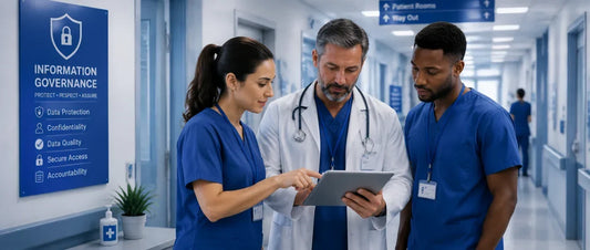 Healthcare staff reviewing patient data as part of an information governance program"