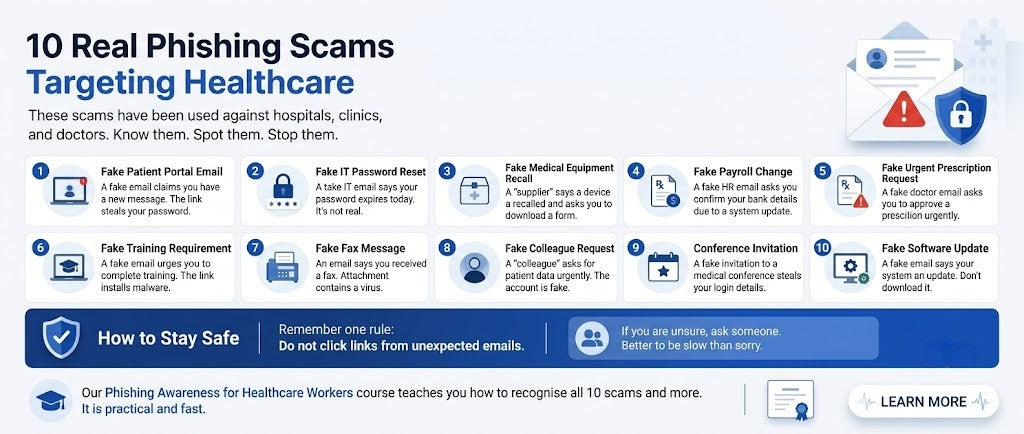 Healthcare worker checking a suspicious phishing email on a computer in a clinical office