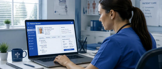 Healthcare worker checking patient data on a laptop screen