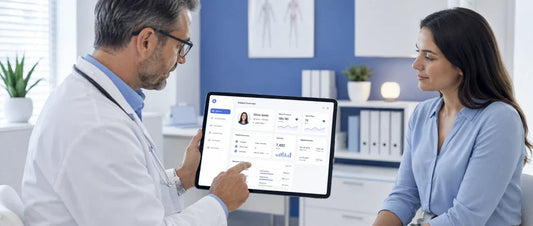 Doctor reviewing digital patient records on a tablet during a consultation