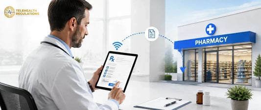 Illustration of digital prescribing showing a prescription moving electronically from doctor to pharmacy