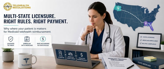 Healthcare provider reviewing multi-state telehealth licensure and Medicaid reimbursement requirements