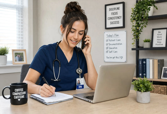 Nurse doing remote nursing jobs from a home office setup