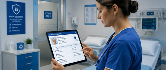 Nurse checking patient data on a secure tablet in a clinical setting
