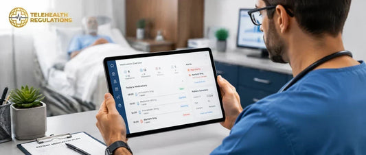 	Nurse using medication management technology on a tablet to track patient doses