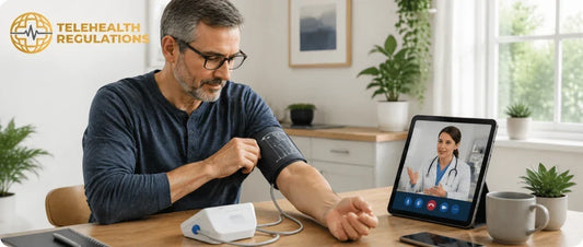 Patient using a connected blood pressure monitor at home for remote patient monitoring
