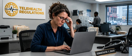 Telehealth clinic staff reviewing high prescribing volume data on a laptop