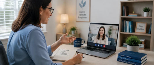 Therapist having a remote mental health consultation over video call