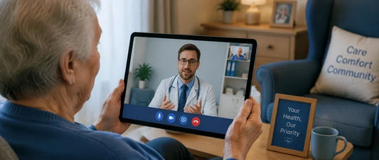 Video call screen showing a virtual GP consultation with a care home resident